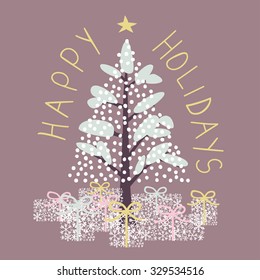 Snowy Christmas tree with presents under it and hand drawn "Happy Holidays" letters