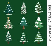 Snowy Christmas Tree Vector Set. Snow Capped Pine and Fir Illustrations on Green Background. Winter Forest Elements for Holiday Landscape Design.