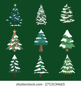Snowy Christmas Tree Vector Set. Snow Capped Pine and Fir Illustrations on Green Background. Winter Forest Elements for Holiday Landscape Design.