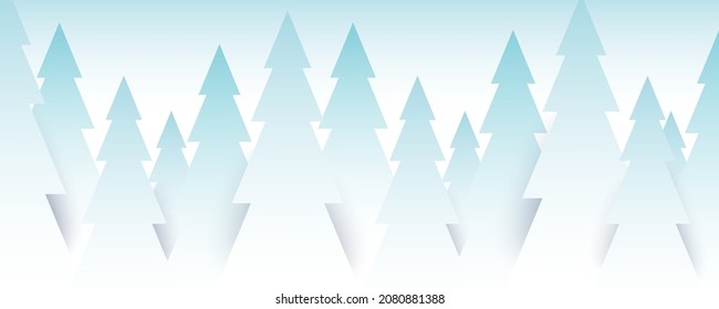 Snowy Christmas trees forest, horizontal vector banner. Winter holidays abstract background with copy space.