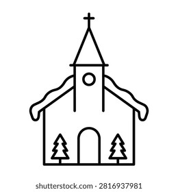 Snowy church building with pine trees