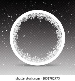 Snowy Circle Frame Template On Gray Transparent Background. Christmas Snowflakes Holiday Ice Ornament Banner