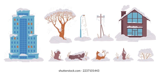 Snowy city elements - buildings, trees, stumps, street light and transmission tower. Flat vector illustration isolated on wite background. Winter urban and nature elements. Snowdrift concept.