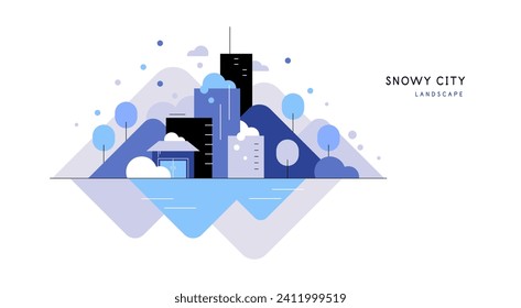 Snowy city landscape. Modern simple geometric flat illustration. Vector file.