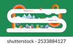 Snowy city, mountains and deer on green background. Merry Christmas and Happy New Year banner.