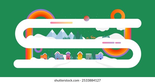 Snowy city, mountains and deer on green background. Merry Christmas and Happy New Year banner.