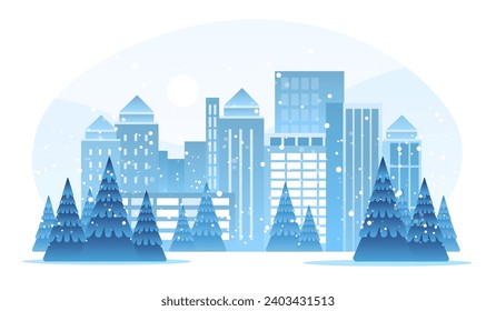 snowy city street with fir trees and buildings urban cityscape background horizontal