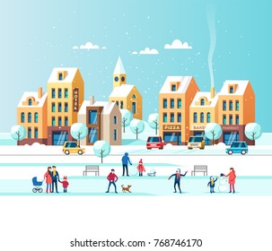 Snowy City. Urban Winter Landscape With People In Park. Vector Illustration.