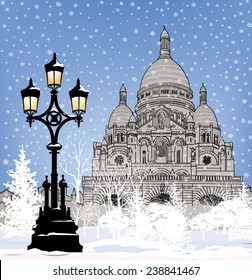 Snowy city wallpaper. Winter Christmas holiday snow background. Paris landmark in winter.