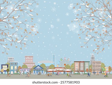 Snowy cityscape illustration. Illustration of people walking down the street.