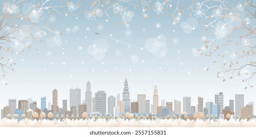 Snowy cityscape illustration.  Winter cityscape illustration.