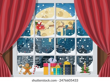 Snowy cityscape in window. Interior of room with curtains. Happy new year decoration. Merry christmas holiday. New year and xmas celebration. Vector illustration flat style