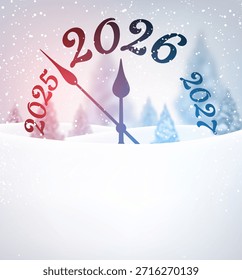 Escena del reloj nevado que cuenta hacia 2026 con el fondo del bosque y la atmósfera festiva. Ilustración vectorial para el Nuevo año.