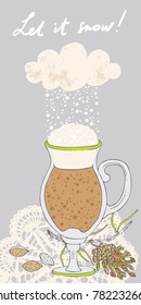 Snowy cloud is pouring snow into a glass with coffee