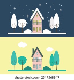 Snowy Colorful Houses Or Residence And Trees With Comfortable Environment In Winter And Summer Sunny Day