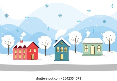 Snowy Colorful Village And Warm Light In Winter Christmas Season