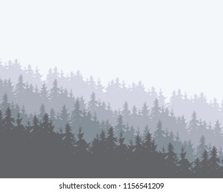 Snowy coniferous forest on a hill with several layers, winter cold colors with space for your text - vector