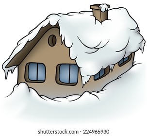 Snowy Cottage - Cartoon Illustration, Vector