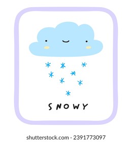 Snowy. Cute smiling little cloud.   Weather forecast. Kids education concept. Vector flat illustration on white background.