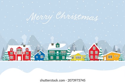 Snowy day in a cozy Christmas panorama of the village. Winter Christmas village landscape. Colorful houses Iceland, North Pole, Holland. Greeting card with the inscription merry christmas