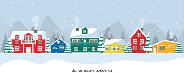 Snowy day in a cozy Christmas panorama of the city. Winter christmas village    landscape. Colorful houses Iceland, North Pole, Holland