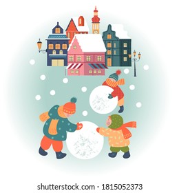 Snowy day in cozy christmas town. Winter christmas village day landscape. Children play outside in winter. Vector illustration, greeting card.