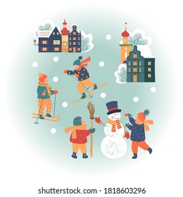 Snowy day in cozy christmas town. Winter christmas village day landscape. Children play outside in winter. Vector illustration, greeting card.