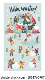 Snowy day in cozy christmas town. Winter christmas village day landscape. Children play outside in winter. Vector illustration, greeting card.