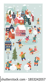 Snowy day in cozy christmas town. Winter christmas village day landscape. Children play outside in winter. Vector illustration, greeting card.