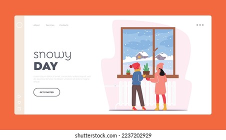 Snowy Day Landing Page Template. Little Kids in Winter Clothes Looking on First Snow through Window. Children Girl and Boy Characters Glad for Falling Snowflakes. Cartoon People Vector Illustration