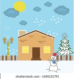 Snowy day in the panoramic view of a comfortable Christmas house. Winter Christmas village landscape