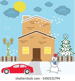Snowy day in the panoramic view of a comfortable Christmas house. Winter Christmas village landscape