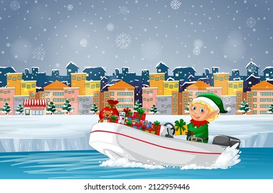 Snowy day with Santa Claus delivering gifts by motorboat illustration