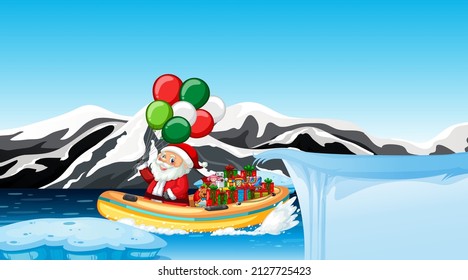 Snowy day with Santa Claus delivering gifts by motorboat illustration