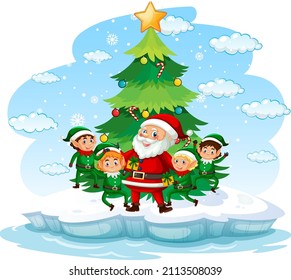 Snowy day with Santa Claus with many elves illustration