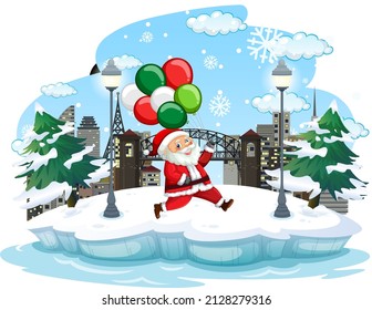 Snowy day with Santa Claus walking in the city illustration
