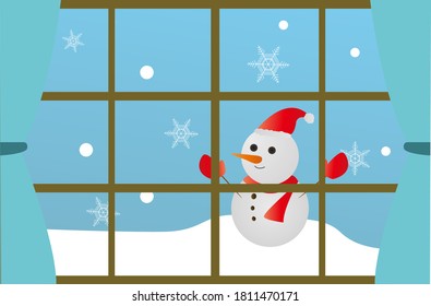 Snowy day and snowman window landscape illustration