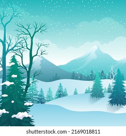 Snowy daytime winter landscape with pine forest and mountain