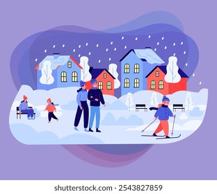 Snowy evening cityscape with happy people vector illustration. Couple walking with kids, girl skiing in park, houses covered in snow in background. Winter activities, Christmas concept