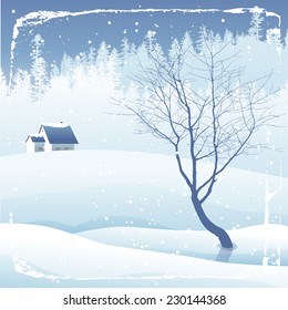 Snowy evening winter landscape with tree
