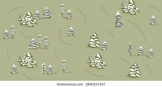 Snowy evergreen forest seamless pattern viewed from above, featuring varied pine and fir trees lightly covered with snow and winding trails passing between them. Cozy hand drawn winter landscape with a Nordic ski resort feel, perfect for textiles, wrapping paper and seasonal decor.