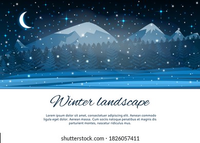 Snowy fabulous night with fir trees. Moon, stars, coniferous forest, mountains, falling snow. Winter, New Year's forest landscape. Festive Christmas vector background.