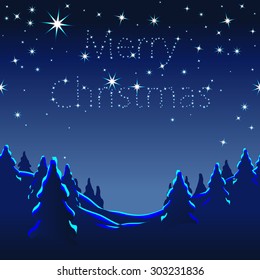 Snowy fir forest at night under a starry sky; Merry Christmas; Holy Night