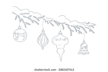 Snowy fir tree branch with Christmas tree toys hanging isolated. Winter holiday decor. Line art, contour drawing, hand drawn vector illustration. For cards, prints, packaging.