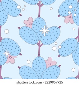 Snowy floral seamless pattern. Winter garden. Repeating background of flowers and snow. Elegant design for fabric, wrapping paper, wallpaper, cover of notebook. Vector illustration