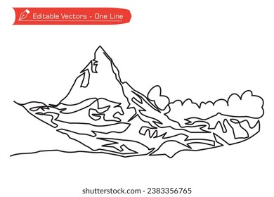 Snowy and foggy mountain premium icon. One continuous line drawing of remote Matterhorn mountain in Switzerland. Vector illustration of Matterhorn mountain above an Alpine stream. Alps, Pennine Alps.