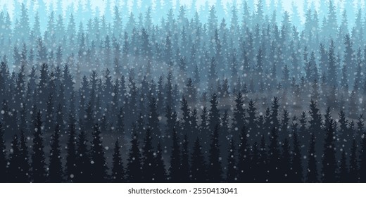 Snowy forest background with falling snow. Vector illustration.