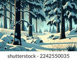 Snowy forest in cartoon style