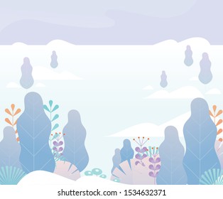 Snowy forest in fantasy mood. flat design style minimal vector background illustration.