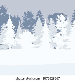 Schneewald im flachen Stil. Winter auf Waldhintergrund. Quadratische Postkarte. Vektorgrafik.
